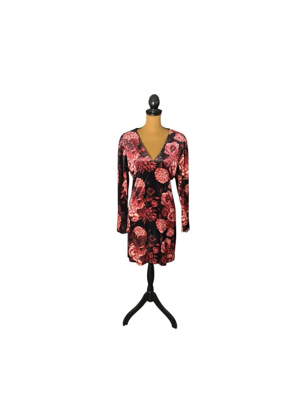 Express Floral Velvet Mini Dress XL Black Red Open Back Long Sleeve NWT